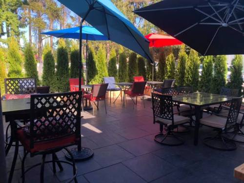 Outdoor patio with tables and chairs, shaded by colorful umbrellas, surrounded by tall greenery.