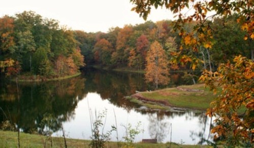 A serene lake surrounded by trees in vibrant autumn colors, reflecting the landscape in calm waters.