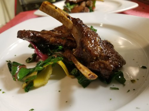 Grilled lamb chops served on a bed of sautéed greens, garnished with herbs on a white plate.