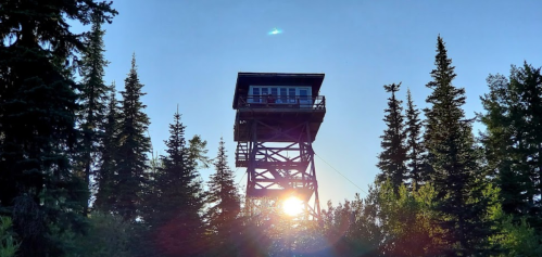 A tall fire lookout tower stands among trees, with the sun setting behind it, casting a warm glow.