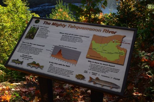 Sign about the Tahquamenon River, featuring a map, fish species, and information on the river's ecosystem.