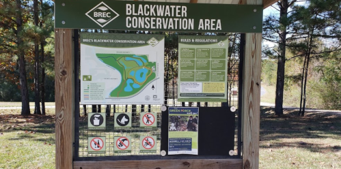 Sign for Blackwater Conservation Area displaying rules, regulations, and a map of the area. Surrounded by trees.