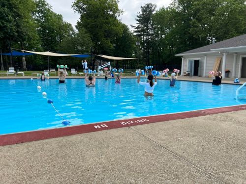 A group of people exercising in a pool, using water weights, with trees and a building in the background.