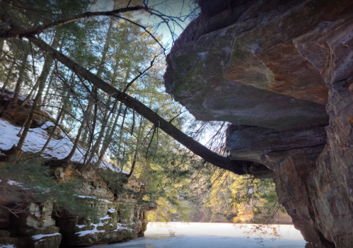A rocky cliff with a tree leaning over a frozen lake, surrounded by snow-covered ground and evergreen trees.
