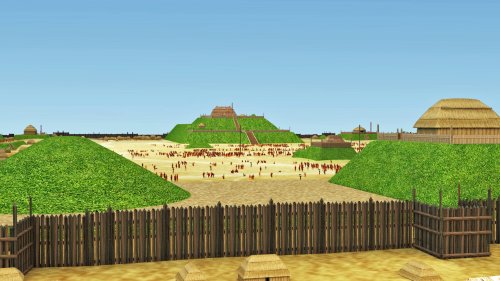 A vibrant landscape featuring green mounds, wooden structures, and a crowd of people in a historical setting.