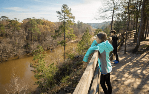 Two children stand by a wooden railing, overlooking a river surrounded by trees on a sunny day.