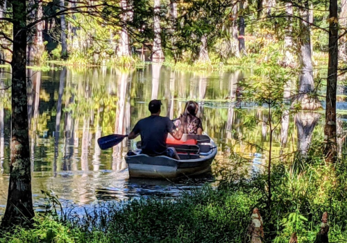 A couple paddles a canoe on a serene lake surrounded by trees and reflections in the water.