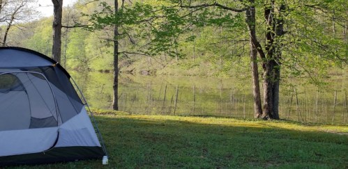 A tent set up by a calm lake, surrounded by lush green trees and reflecting water.