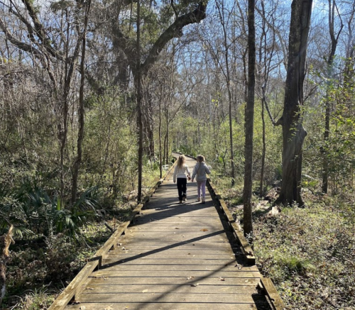 Two people walk along a wooden boardwalk through a wooded area with bare trees and greenery.