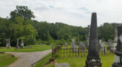 A peaceful cemetery with various gravestones surrounded by lush greenery and trees under a cloudy sky.
