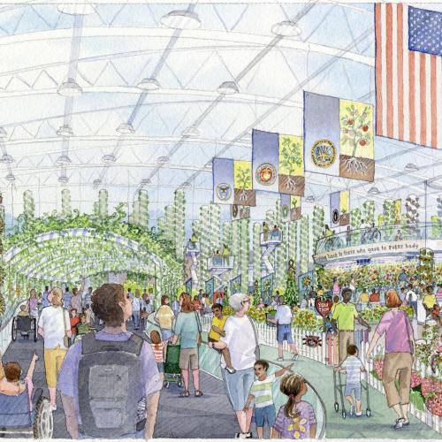 A vibrant indoor garden filled with people, flags hanging above, showcasing plants and flowers in a lively atmosphere.