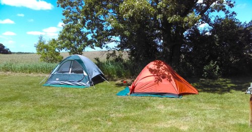 Two tents, one green and one orange, set up on a grassy area with trees and a field in the background under a blue sky.