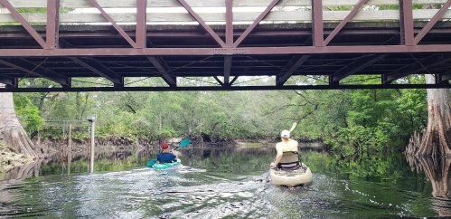 Two people kayak under a wooden bridge surrounded by lush greenery and calm waters.