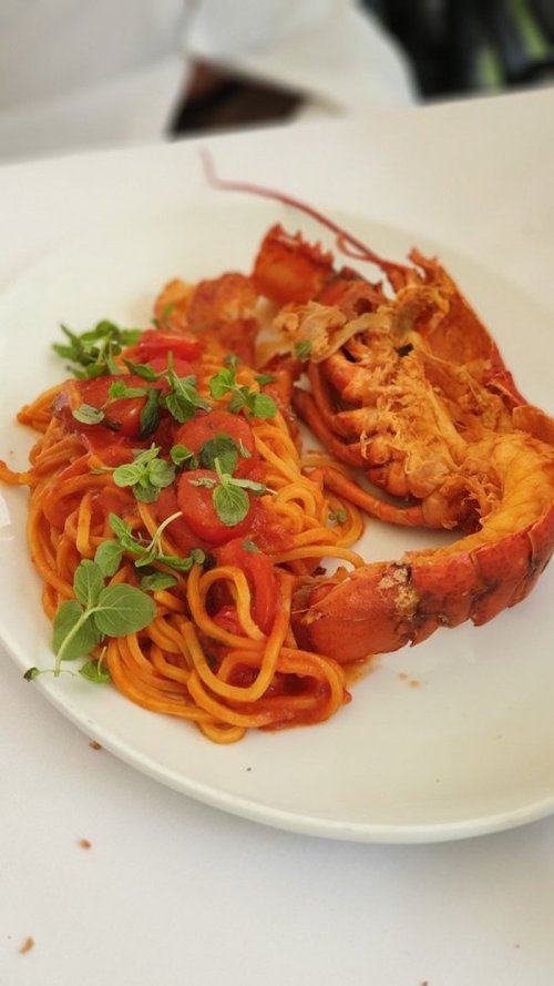 A plate of spaghetti with lobster, topped with fresh herbs and a rich tomato sauce.