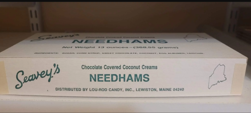 Box of Seavey's Needhams, chocolate-covered coconut creams, weighing 13 ounces, from Lewiston, Maine.