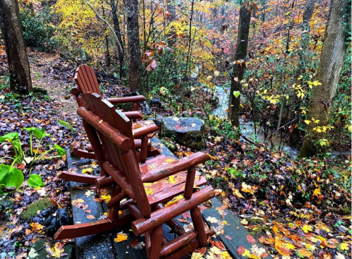 Two wooden rocking chairs sit on a deck surrounded by colorful autumn leaves and a serene forest view.