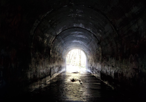 A dark tunnel with a light at the end, revealing a glimpse of greenery outside.