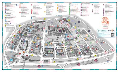 Map of a fairground layout, showing entrances, attractions, food stalls, and facilities with labeled sections and icons.