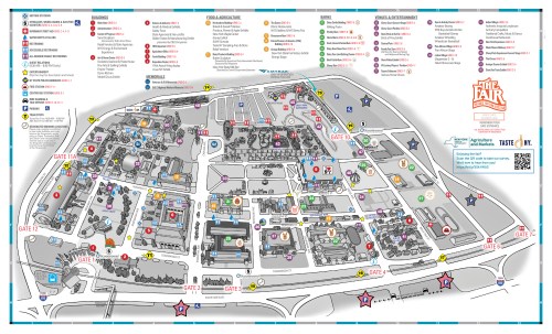 Map of a fairground layout, showing entrances, attractions, food stalls, and facilities with labeled sections and icons.
