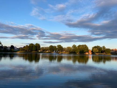 A serene lake reflects trees and clouds under a blue sky, with a hint of a fountain in the distance.