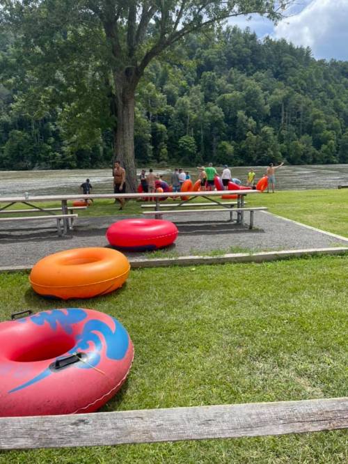 A grassy area by a river with colorful inner tubes and people sitting on benches under a tree.