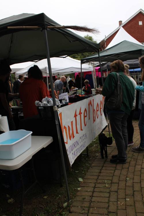 A bustling outdoor market scene with vendors and customers, featuring a "butterbeer" stand under a canopy.