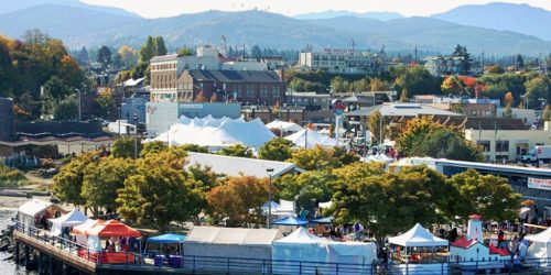 A vibrant outdoor market with colorful tents, surrounded by trees and mountains in the background on a sunny day.