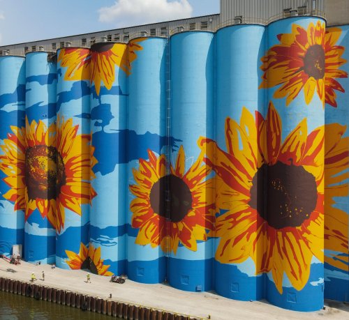 Colorful mural of large sunflowers on blue silos by a waterfront, with people working below.