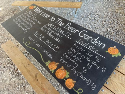 Chalkboard menu for a beer garden featuring local wines and snacks, with prices and decorative pumpkins.