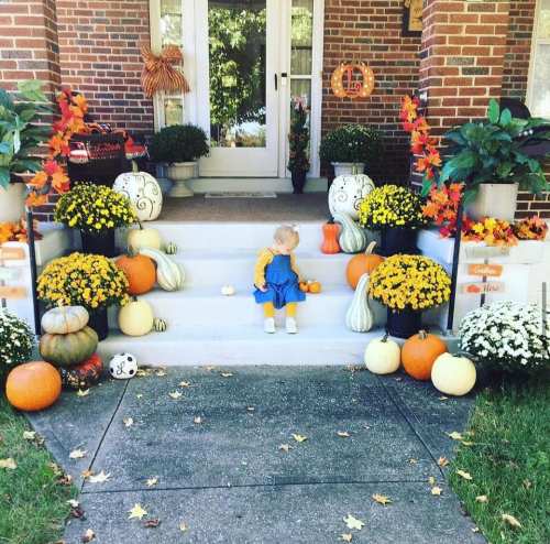 A child in a blue outfit sits on steps decorated with pumpkins and colorful flowers for fall.