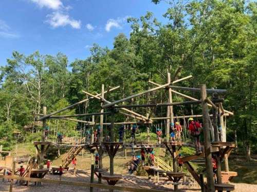 A wooden obstacle course in a forested area, with people navigating the structures under a blue sky.
