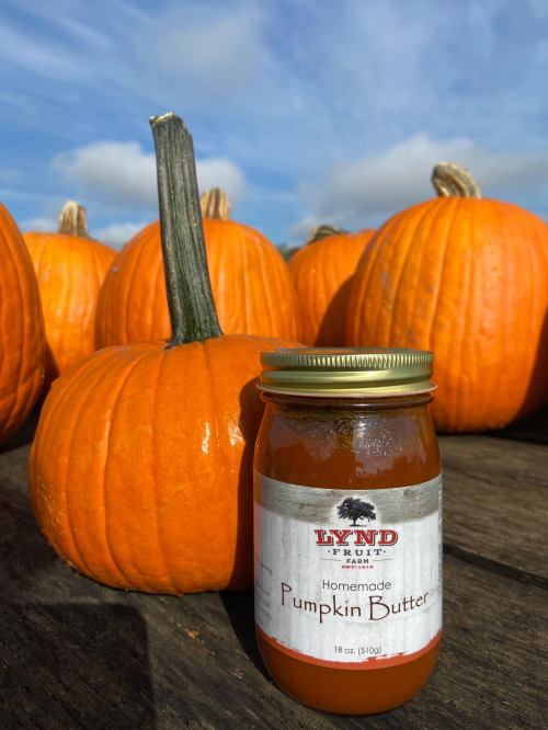 A jar of homemade pumpkin butter in front of several bright orange pumpkins on a wooden surface.