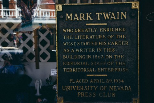 Plaque honoring Mark Twain for his contributions to literature, located at the University of Nevada Press Club.
