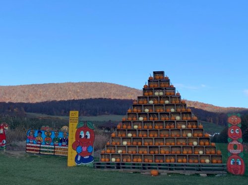 A pyramid of pumpkins stacked on pallets, with colorful signs and a scenic mountain backdrop under a clear blue sky.
