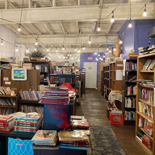 A cozy bookstore with wooden shelves filled with books, warm lighting, and a welcoming atmosphere.
