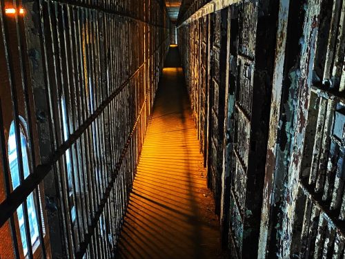 A dimly lit prison corridor with barred cells and shadows cast on the floor.