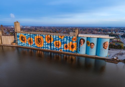 Aerial view of a large mural on silos featuring sunflowers and portraits, reflecting on a calm water surface.