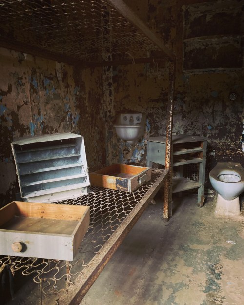 An abandoned room with peeling walls, a toilet, and metal shelves with empty drawers.
