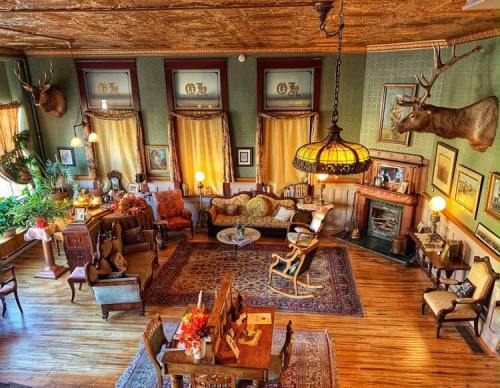 Cozy vintage living room with ornate furniture, a large rug, and mounted deer heads on the walls, surrounded by plants.