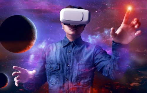 A person wearing a VR headset reaches out, surrounded by a cosmic space scene with planets and stars.