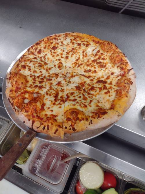 A freshly baked cheese pizza on a metal tray, sliced into eight pieces, with a golden crust and melted cheese.
