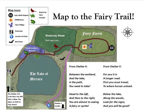 Map of the Fairy Trail, showing routes to the Fairy Forest, Lake of Mirrors, and nearby shelters with directions.
