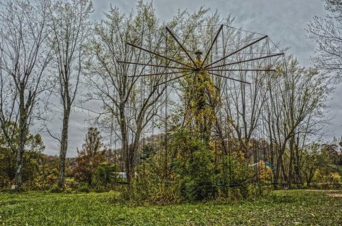 An old, rusted amusement park ride overgrown with plants, surrounded by bare trees and a cloudy sky.