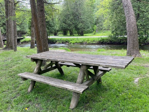 A wooden picnic table sits on green grass near a stream, surrounded by trees in a peaceful outdoor setting.