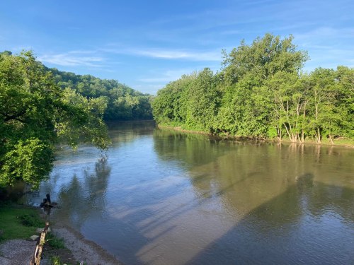A serene river flows through lush green trees under a clear blue sky.