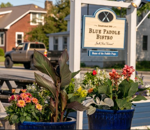 A sign for Blue Paddle Bistro surrounded by colorful flowers and greenery, with a truck parked in the background.