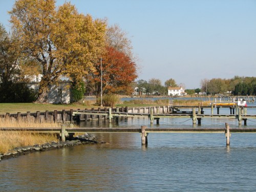 A serene waterfront scene with wooden docks, autumn trees, and calm water under a clear blue sky.