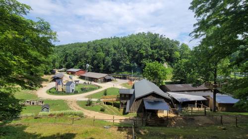 A scenic view of a rural farm with several buildings, surrounded by lush greenery and a winding dirt path.