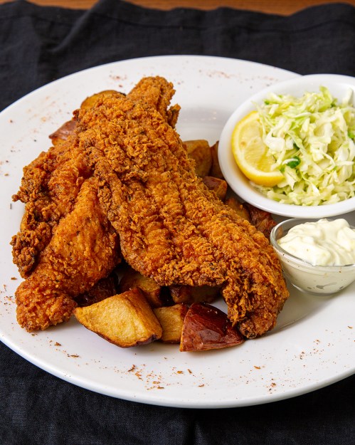 A plate of crispy fried chicken strips served with roasted potatoes, coleslaw, lemon wedges, and dipping sauce.