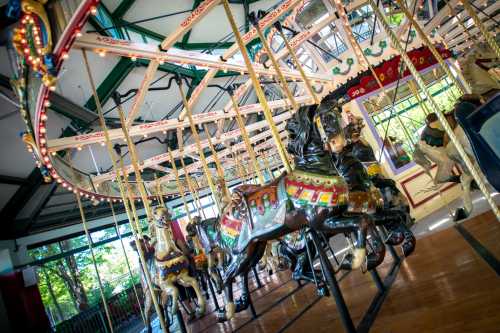 A colorful carousel with intricately painted horses, set in a bright, open pavilion.